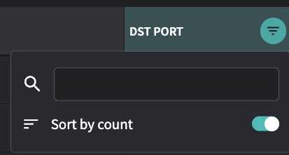 When selecting the filter for a column in Traffic Top, a Sort by count toggle can be set