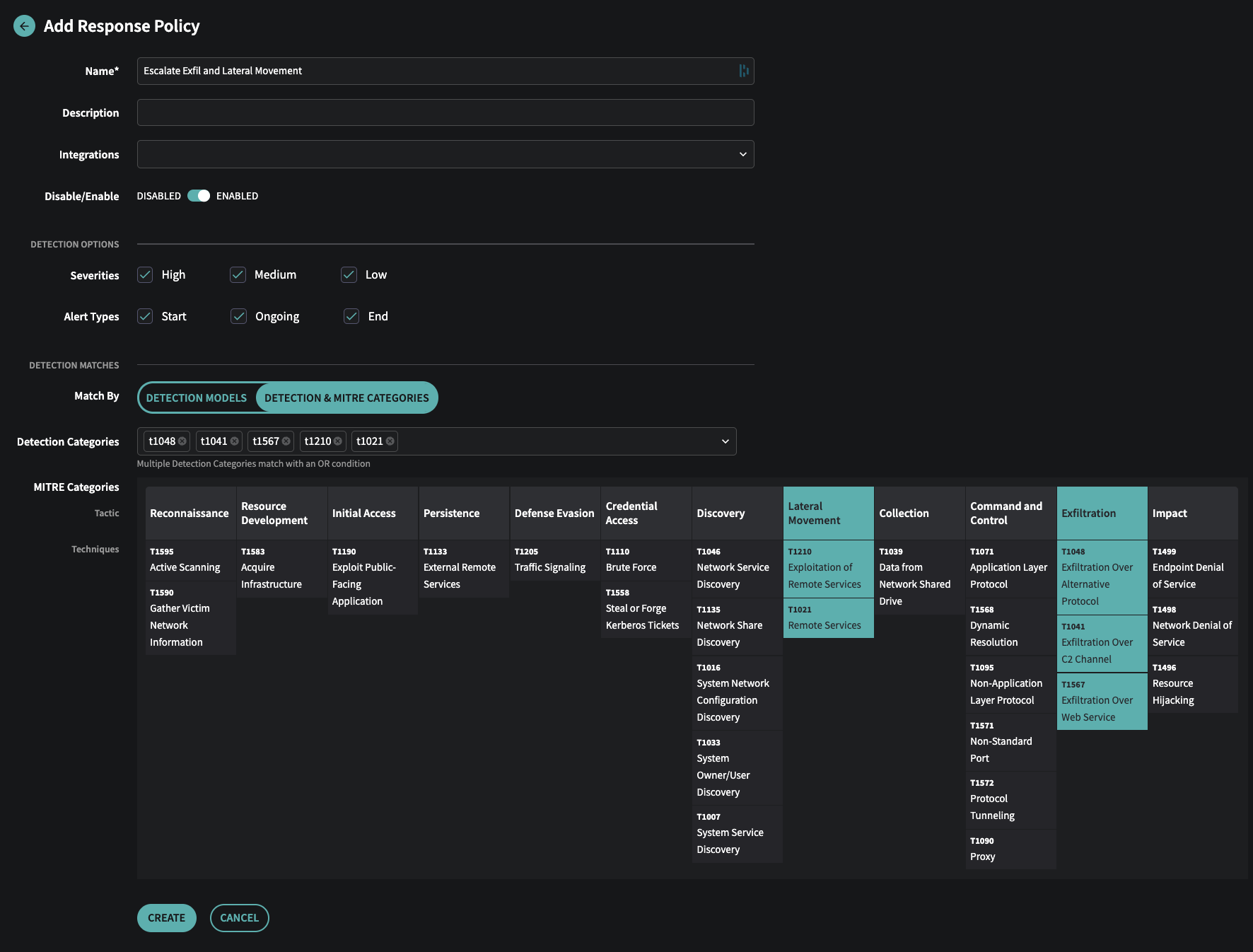 Response Policy with MITRE ATT&CK Tactics selected