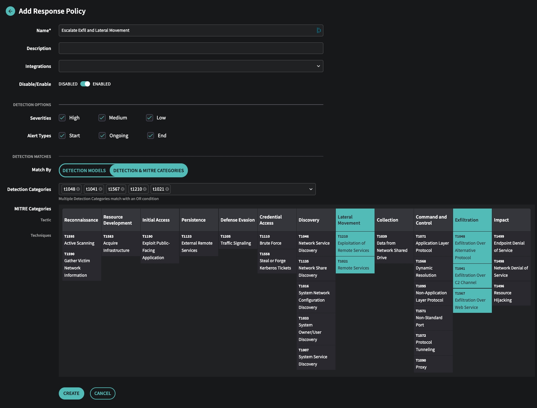 Response Policy with MITRE ATT&CK Tactics selected